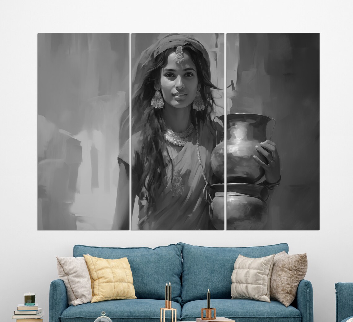 Indian Woman Water Pots Warm Golden Portrait Painting Art Print - Image 2