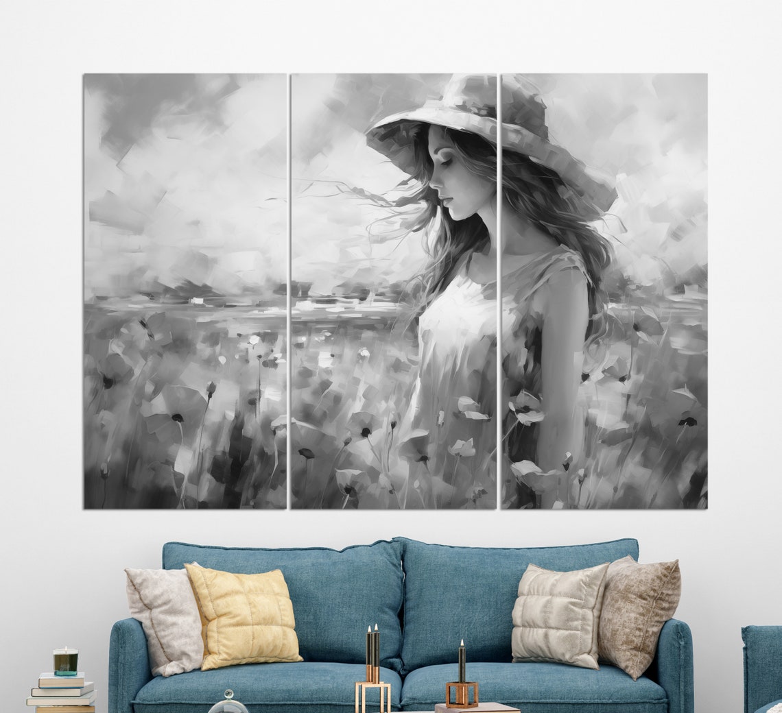 Beautiful Girl In Red Hat Walking In Poppy Field Painting Print Poppy Flowers Painting Floral Wall Art Abstract Floral Wall Decor - Image 2