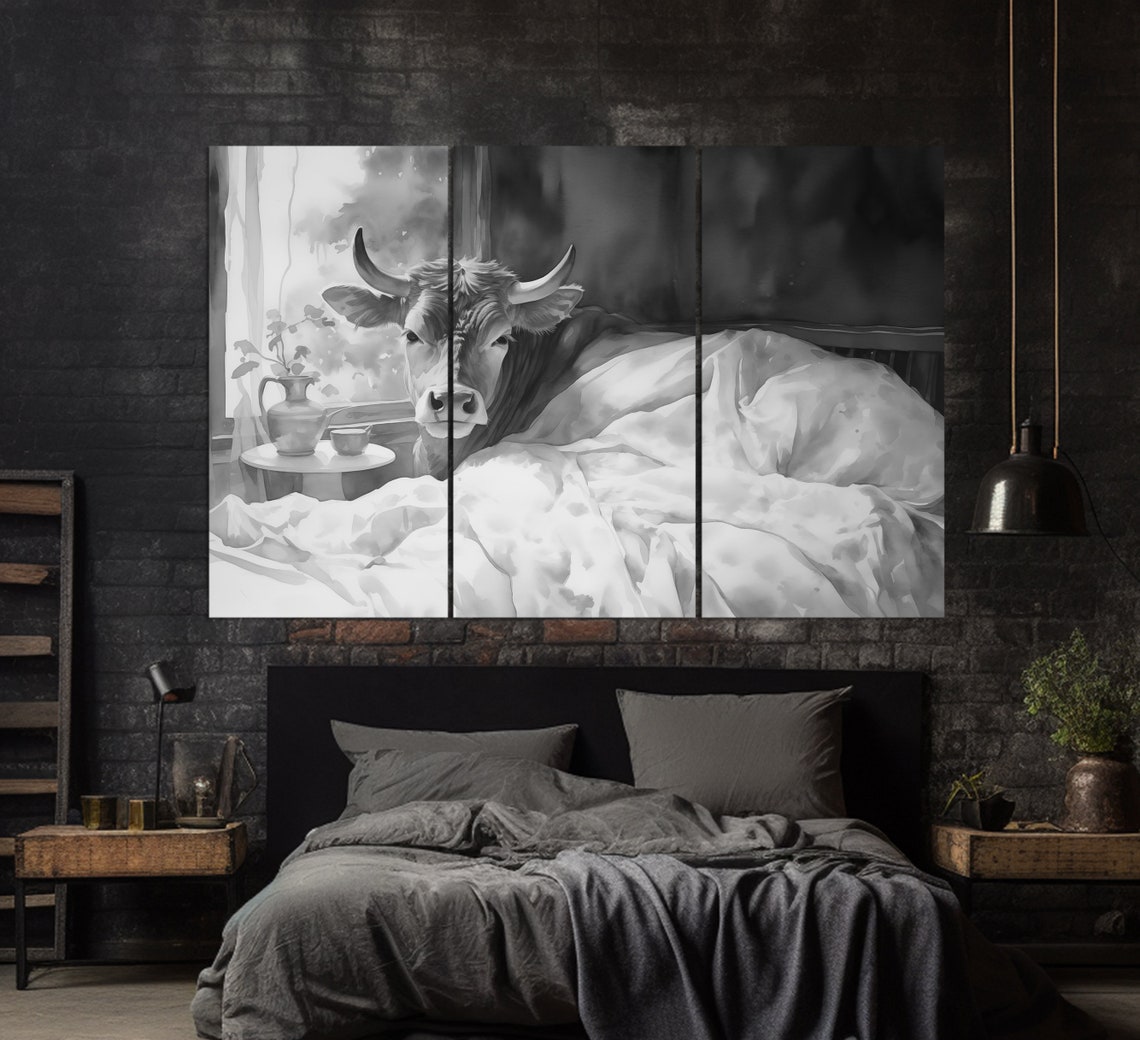 Brown Cow Tucked Under Cozy White Blanket Funny Farmhouse Art Poster - Image 2