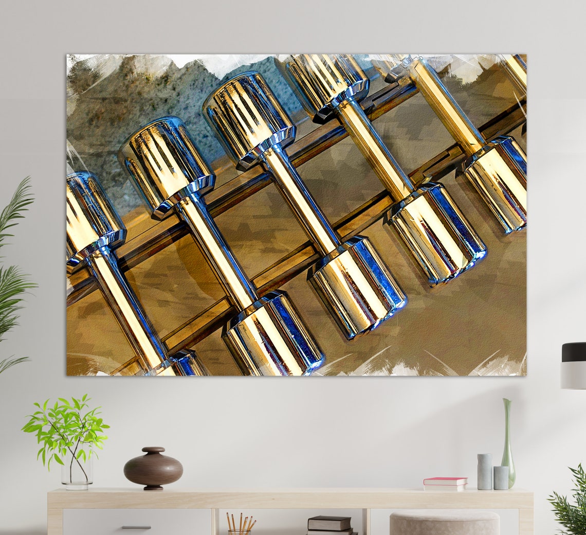 Golden Chrome Dumbbells Row Painted Style Gym Motivation Wall Poster - Image 3