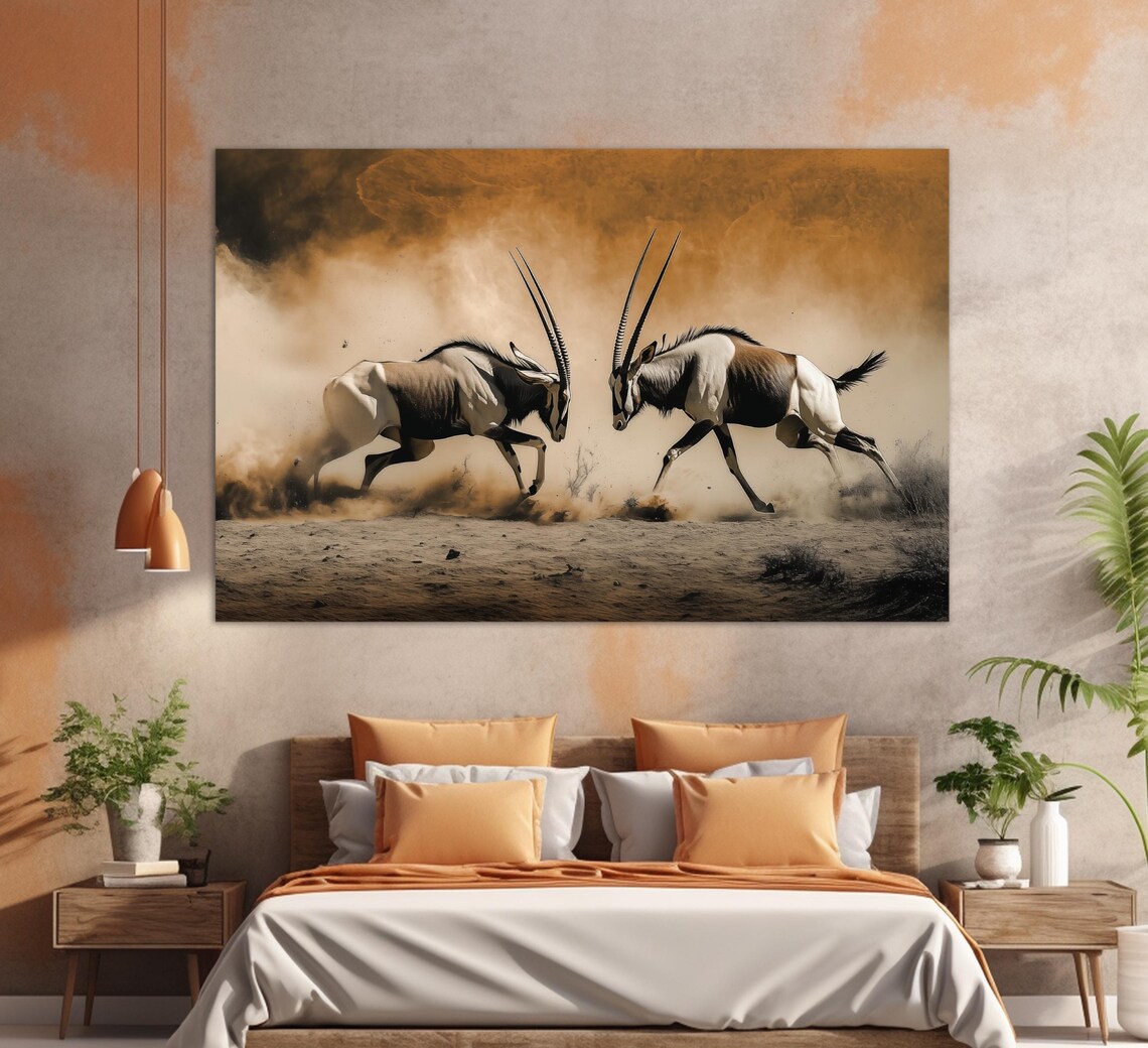 Two Oryx Antelopes Fighting Horns Locked Dusty Savanna Art Poster