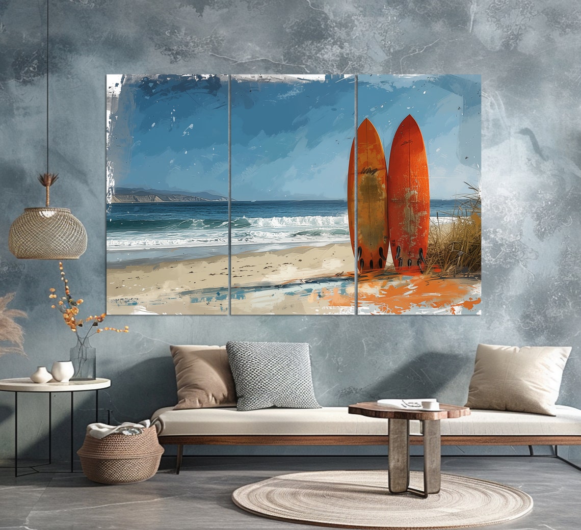 Two Orange Surfboards Standing On Sunny Beach Waves Wall Art - Image 4