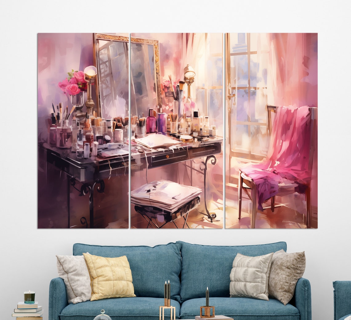 Pink Makeup Vanity Watercolor Elegant Dressing Table Wall Art Print - Image 3