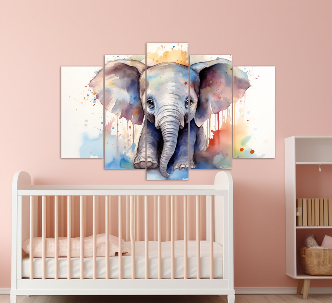Cute Baby Elephant Watercolor Splashes Nursery Kids Wall Art - Image 2