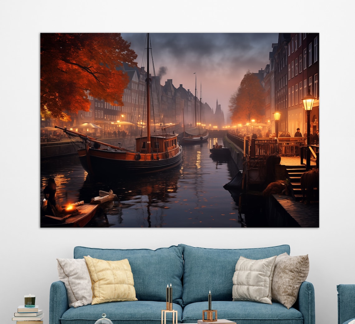 Misty Copenhagen Canal Night Boats Street Lamps Autumn Denmark Poster