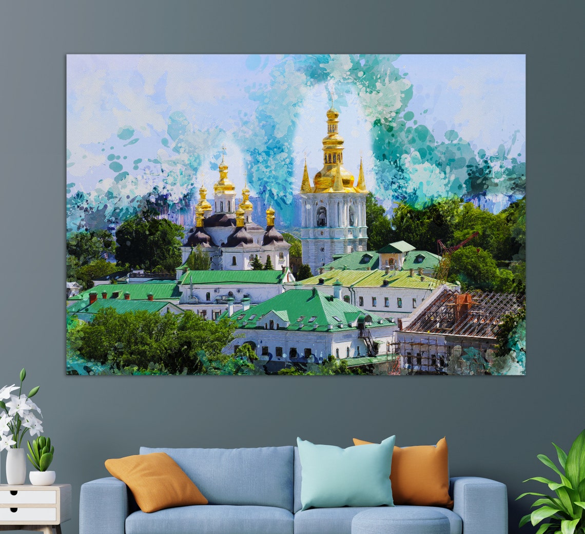 Kyiv Pechersk Lavra Golden Domes Monastery Watercolor Abstract Poster