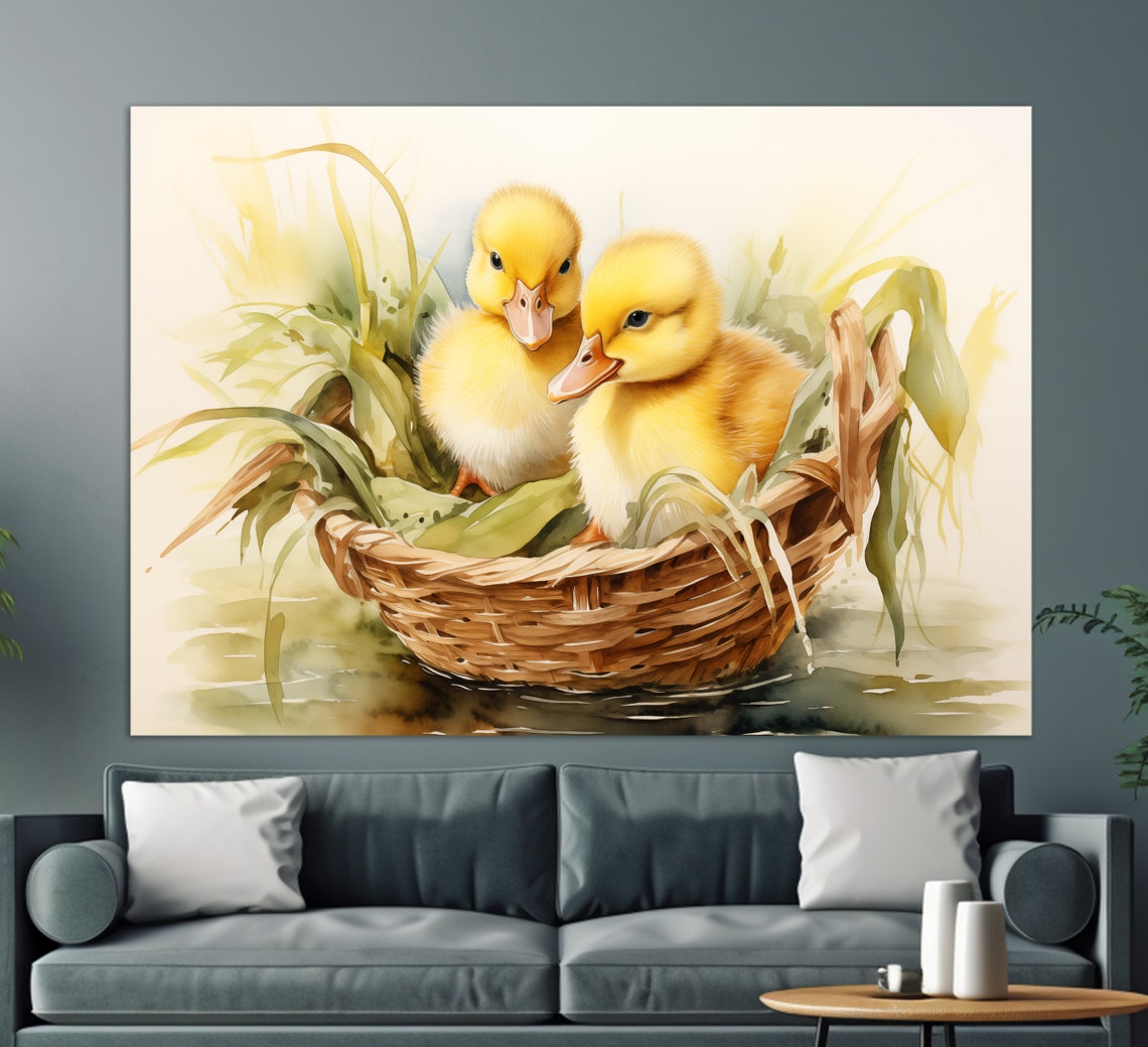 Cute Yellow Ducklings In Wicker Basket Watercolor Nursery Decor Poster