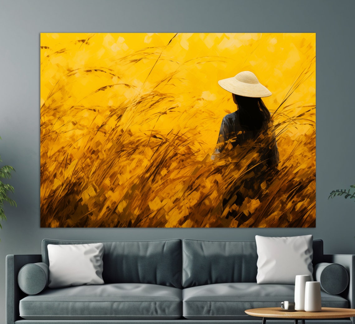 Woman In Golden Wheat Field Walking Away Warm Impressionist Art Print