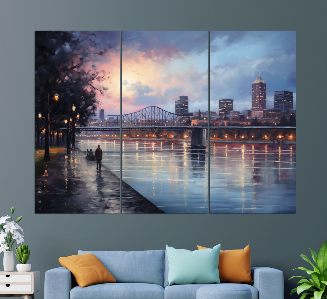 Portland Oregon River Bridge Skyline At Dusk Painting Travel Poster - Image 4