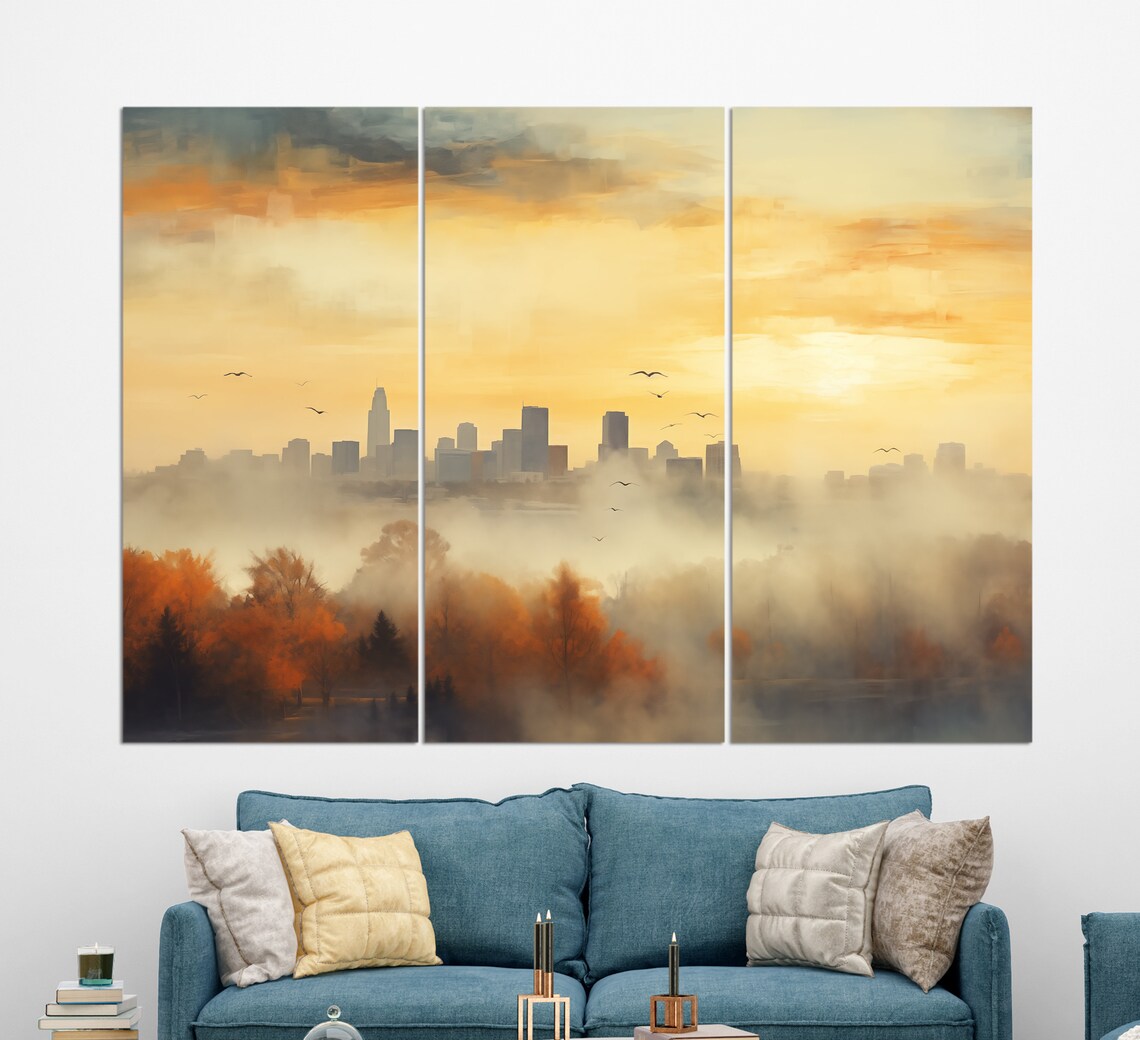 City Skyline Sunrise Misty Fog Abstract Autumn Trees Golden Sky Poster - Image 3