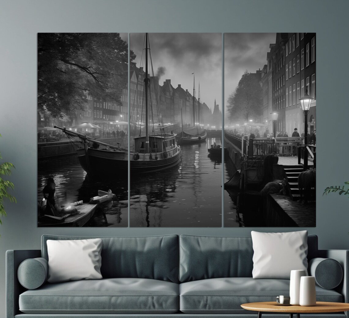 Misty Copenhagen Canal Night Boats Street Lamps Autumn Denmark Poster - Image 2