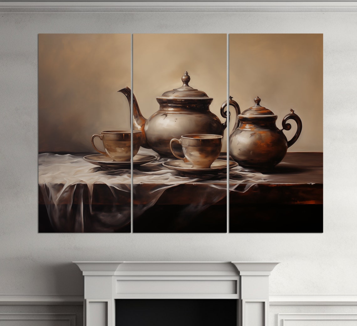 Antique Copper Tea Set Still Life Oil Painting Kitchen Decor Print - Image 3