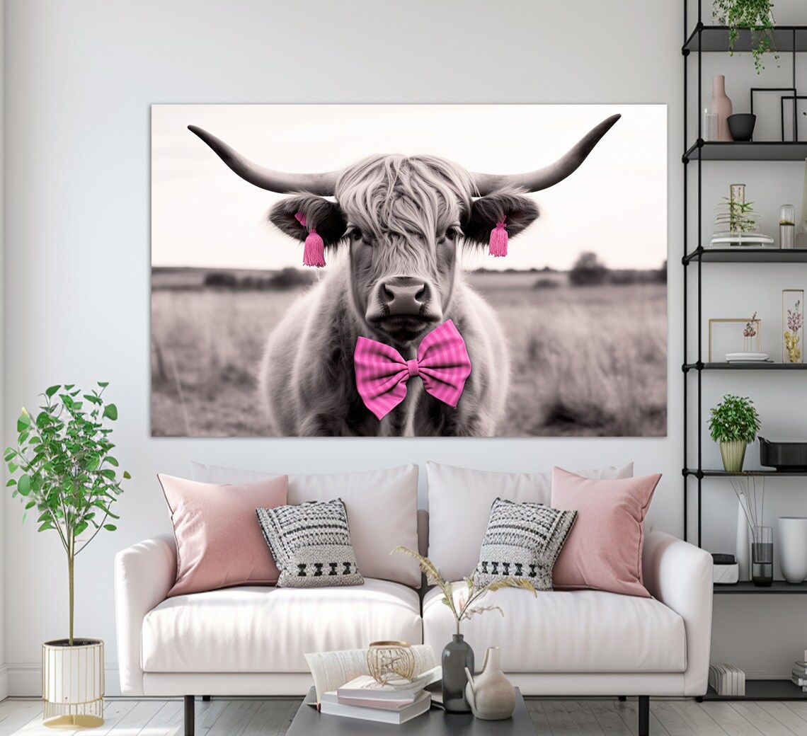Highland Cow Pink Bow Tie Tassel Earrings Funny Animal Poster