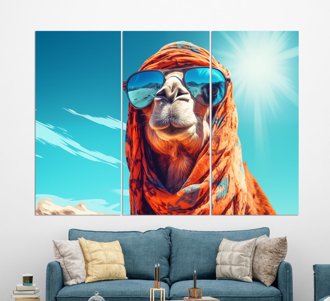Funny Camel Wearing Sunglasses And Scarf Blue Desert Sky Wall Art - Image 4