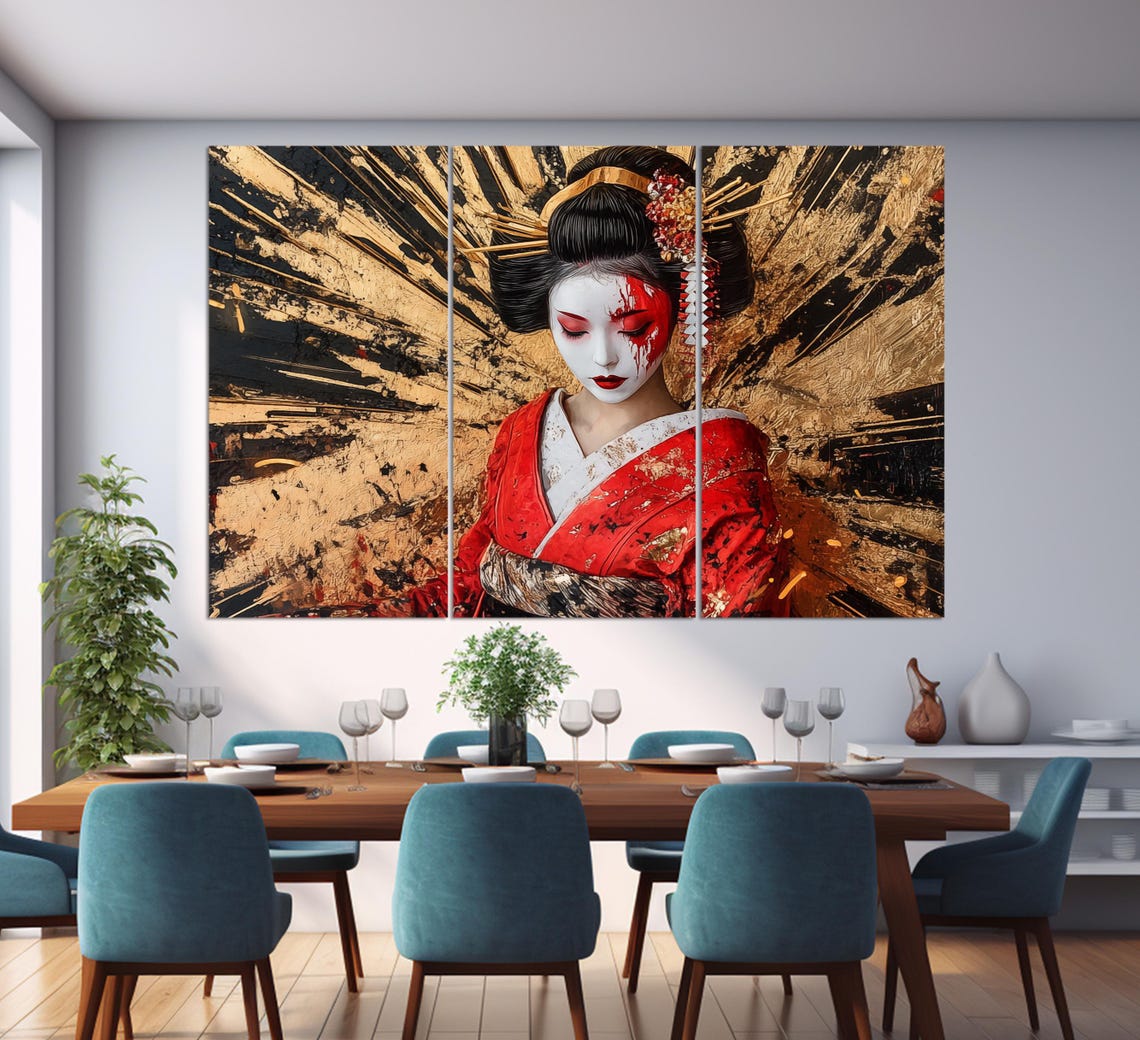 Beautiful Geisha In Red Kimono Print Japanese Woman Painting Japanese Wall Art Japanese Woman Poster Geisha Painting - Image 2