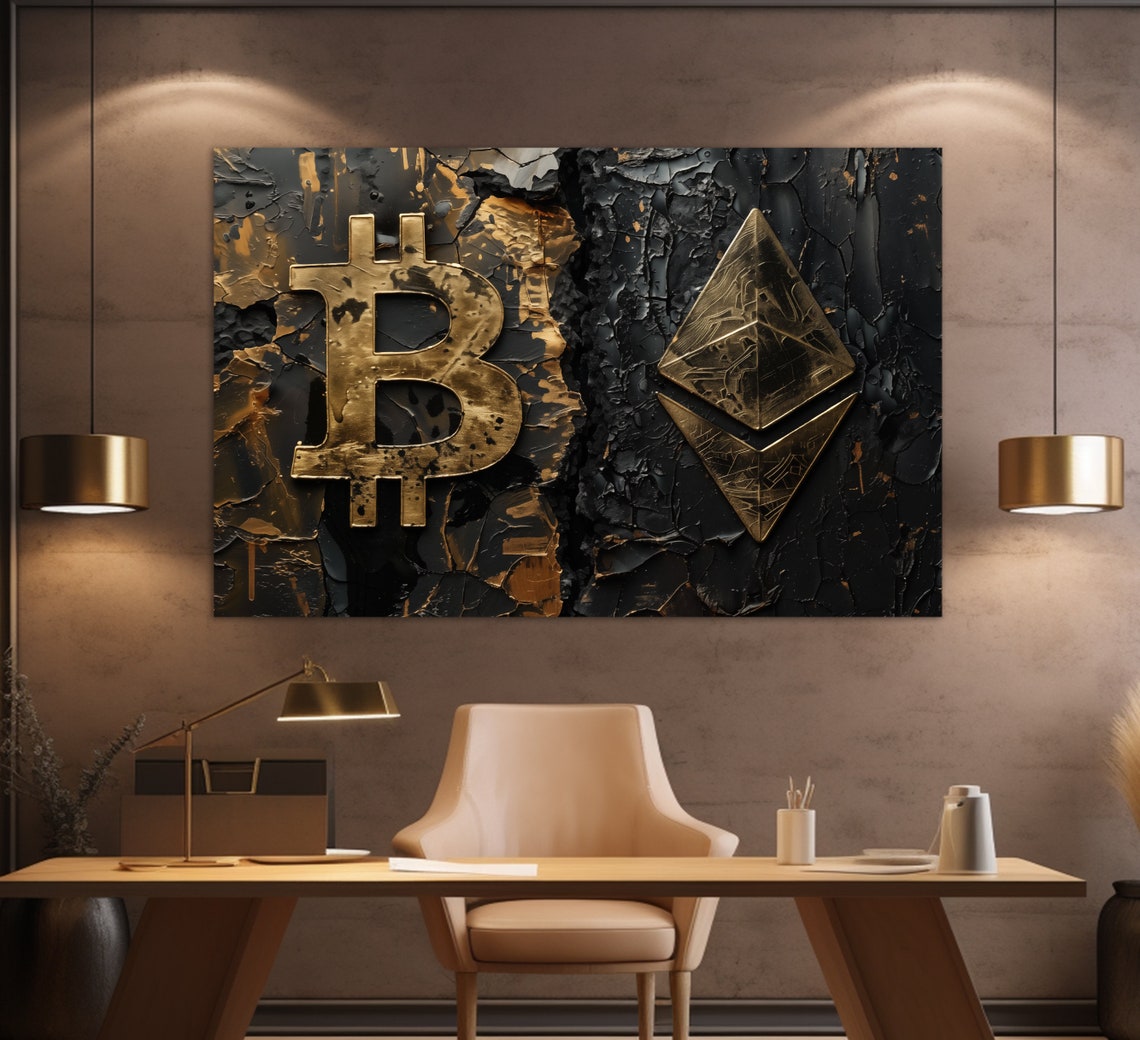 Bitcoin Ethereum Gold Crypto Symbols On Black Textured Wall Art - Image 3