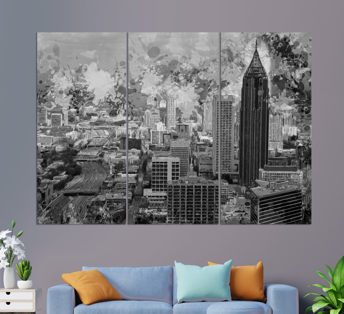 Atlanta Skyline Aerial Three Panel Downtown Watercolor Abstract Poster - Image 2