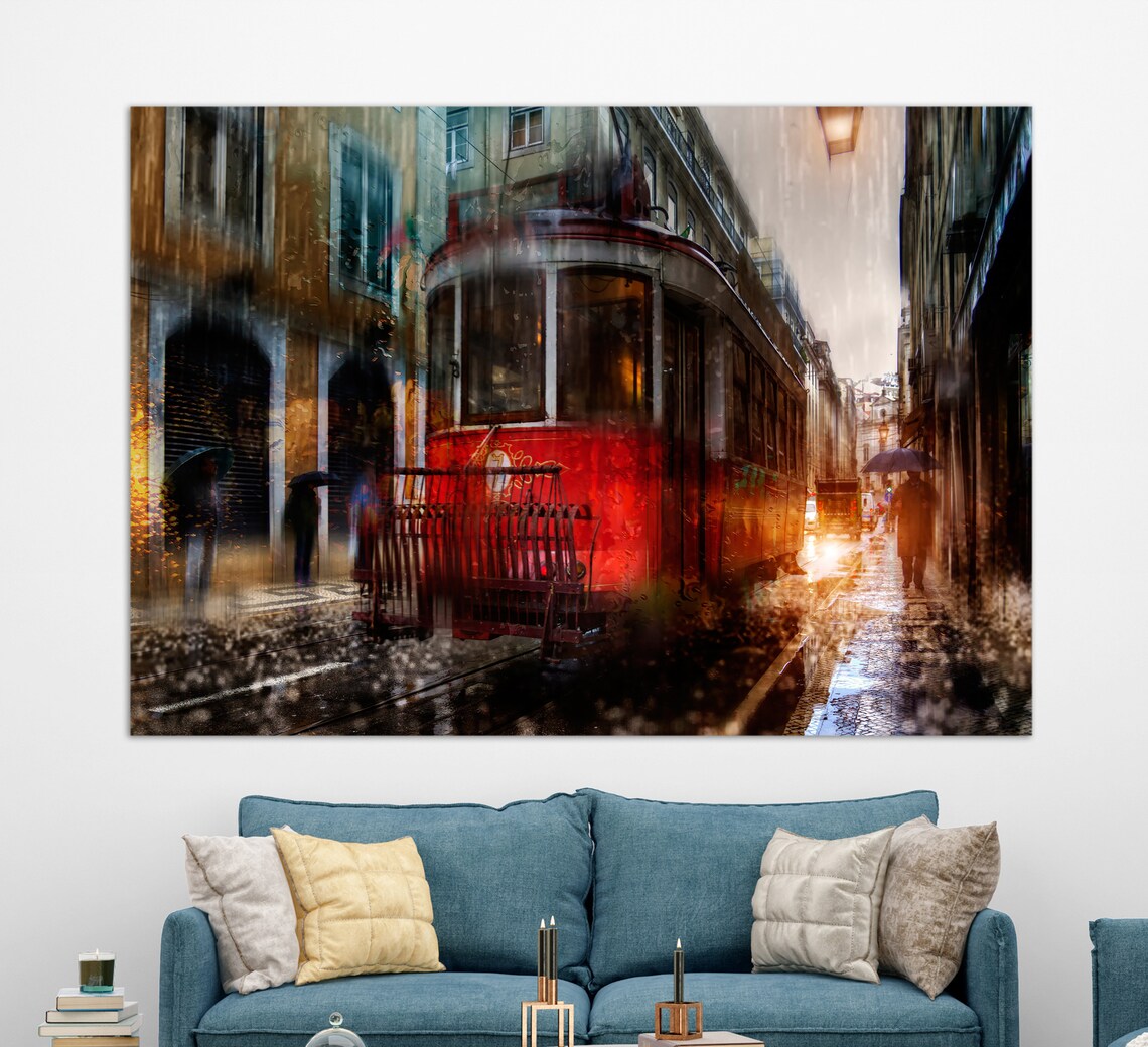 Lisbon Red Tram On Rainy Old Street Portugal Vintage Travel Poster