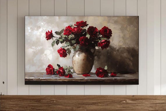 Red Roses Valentines Day Samsung Frame Tv Wall Art Vintage Botanical Flowers Oil Painting Screensaver Floral Moody Farmhouse Decor Print