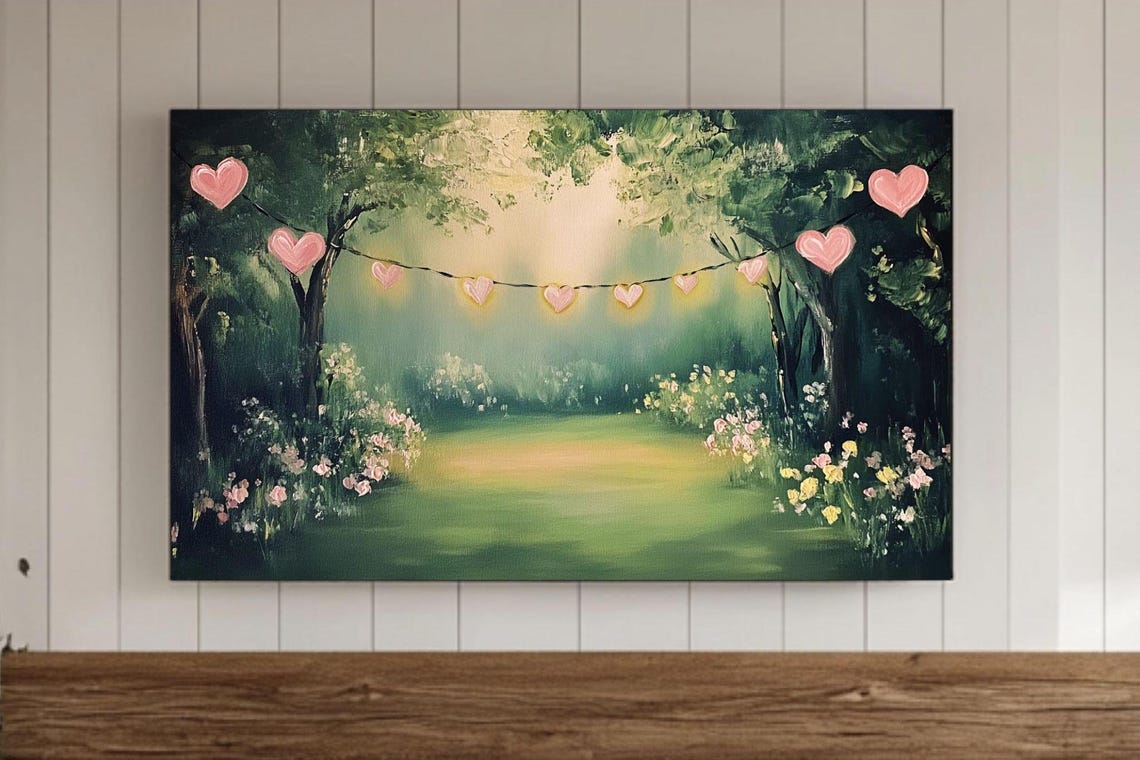 Romantic Garden With Glowing Heart String Lights Painting Poster
