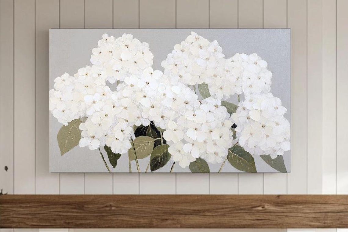 Soft White Hydrangea Blooms on Neutral Grey Floral Art Poster