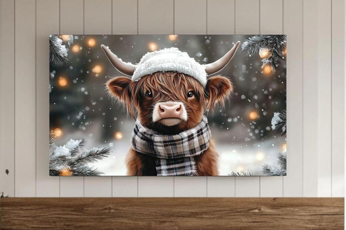 Winter Highland Cow Christmas Art Print
