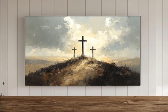 Three Crosses On Hill At Sunrise Christian Faith Painting Hope Poster