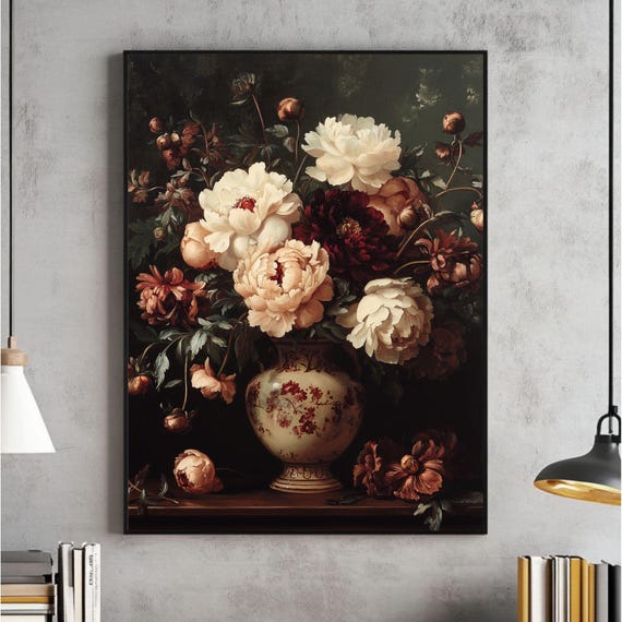 Moody Flower Wall Art Vintage Dark Floral Painting Farmhouse Decor Antique Oil Poster Victorian Print