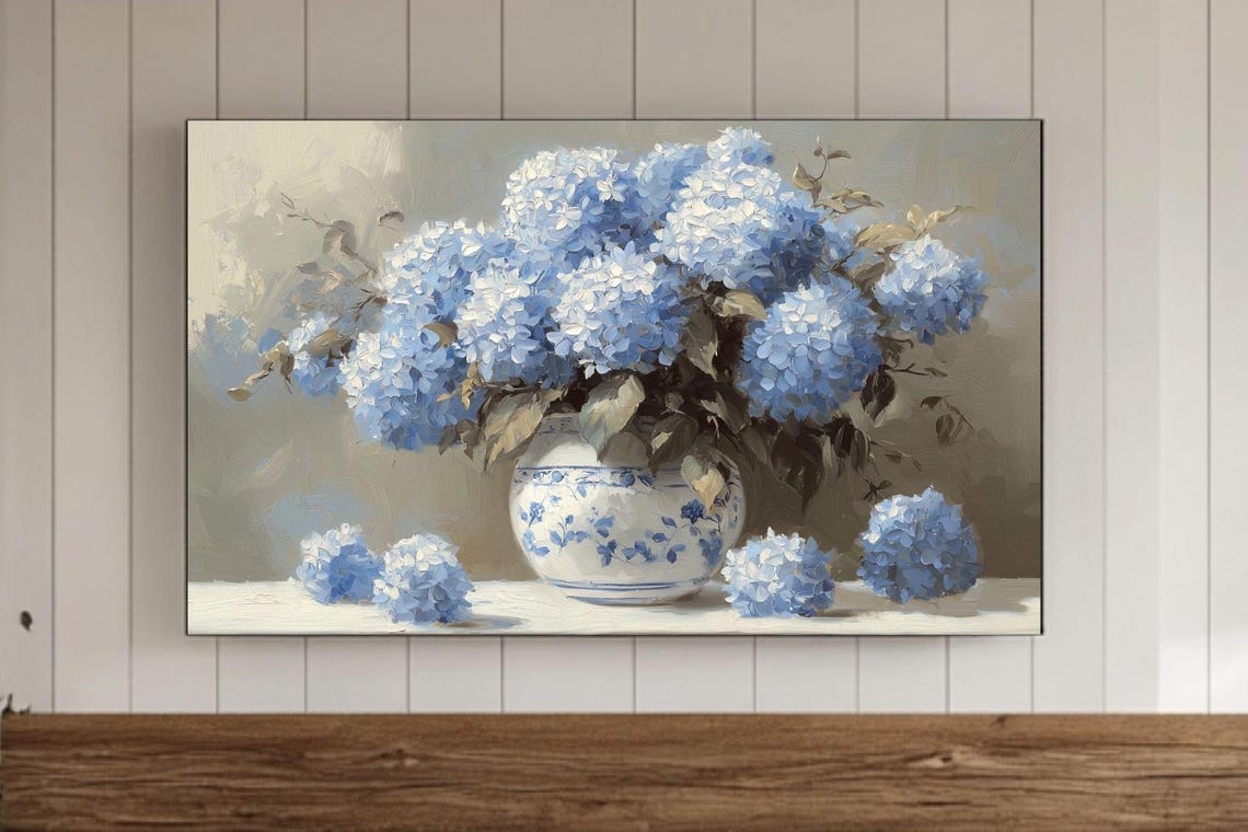 Lush Blue Hydrangea Bouquet In A Blue White Vase Still Life Poster