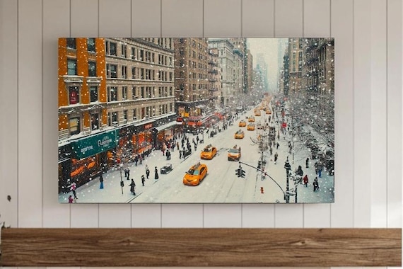 Snowy New York Avenue Taxis Crowds Winter Cityscape Art Poster
