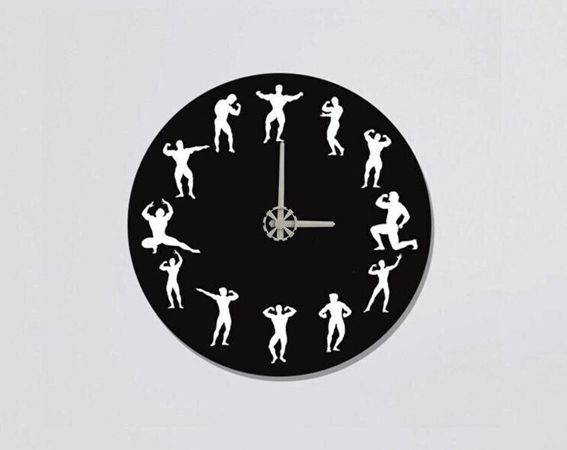 Bodybuilder Muscle Poses Silhouette Round Black Metal Gym Wall Clock