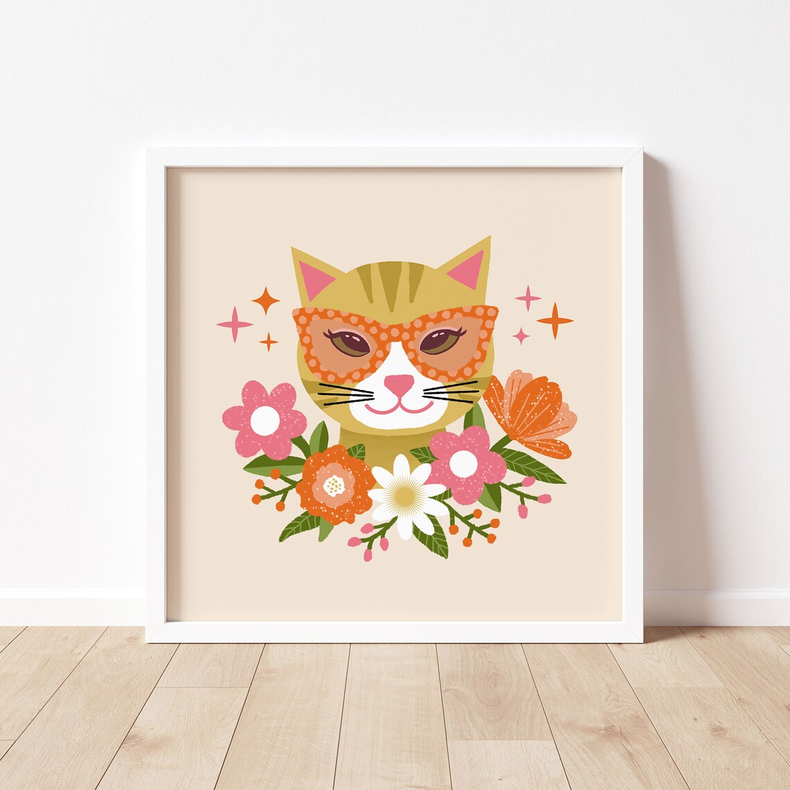 Fun Retro Cat in Orange Glasses With Groovy Flowers Kids Print