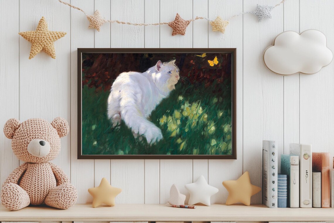 White Cat Watching Butterflies Vintage Oil Painting Animal Poster - Image 3