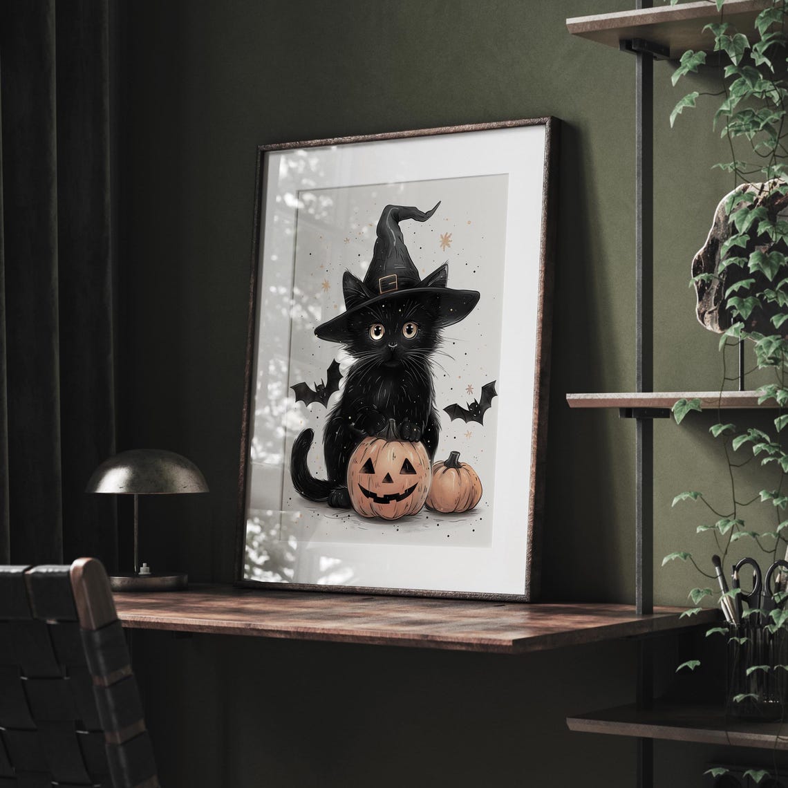 Cute Black Cat In A Witch Hat With Pumpkins And Bats Spooky Poster - Image 3