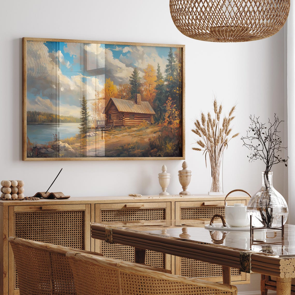 Log Cabin with Stone Chimney Among Glowing Autumn Trees Poster - Image 2
