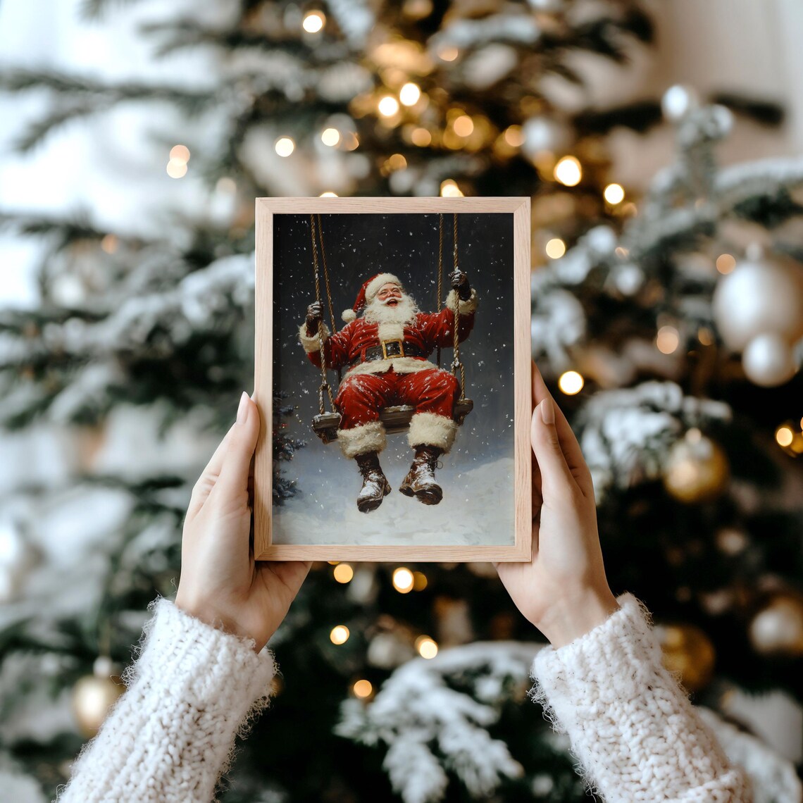 Laughing Santa Claus Swinging Snowfall Vintage Christmas Poster - Image 4