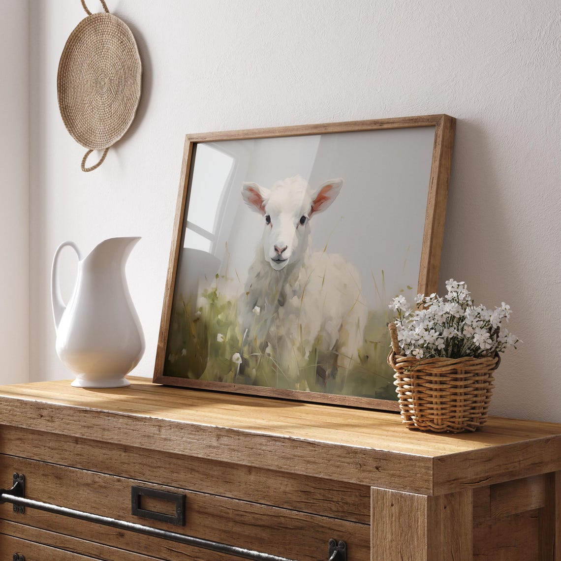 Cute White Baby Lamb in Meadow Soft Watercolor Nursery Poster - Image 2