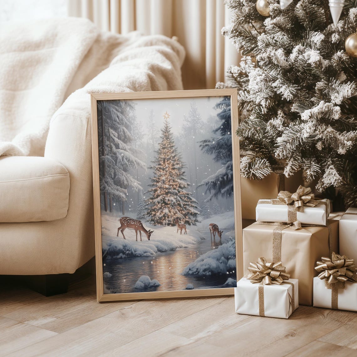 Three Deer Snowy Stream Glowing Christmas Tree Winter Poster - Image 4