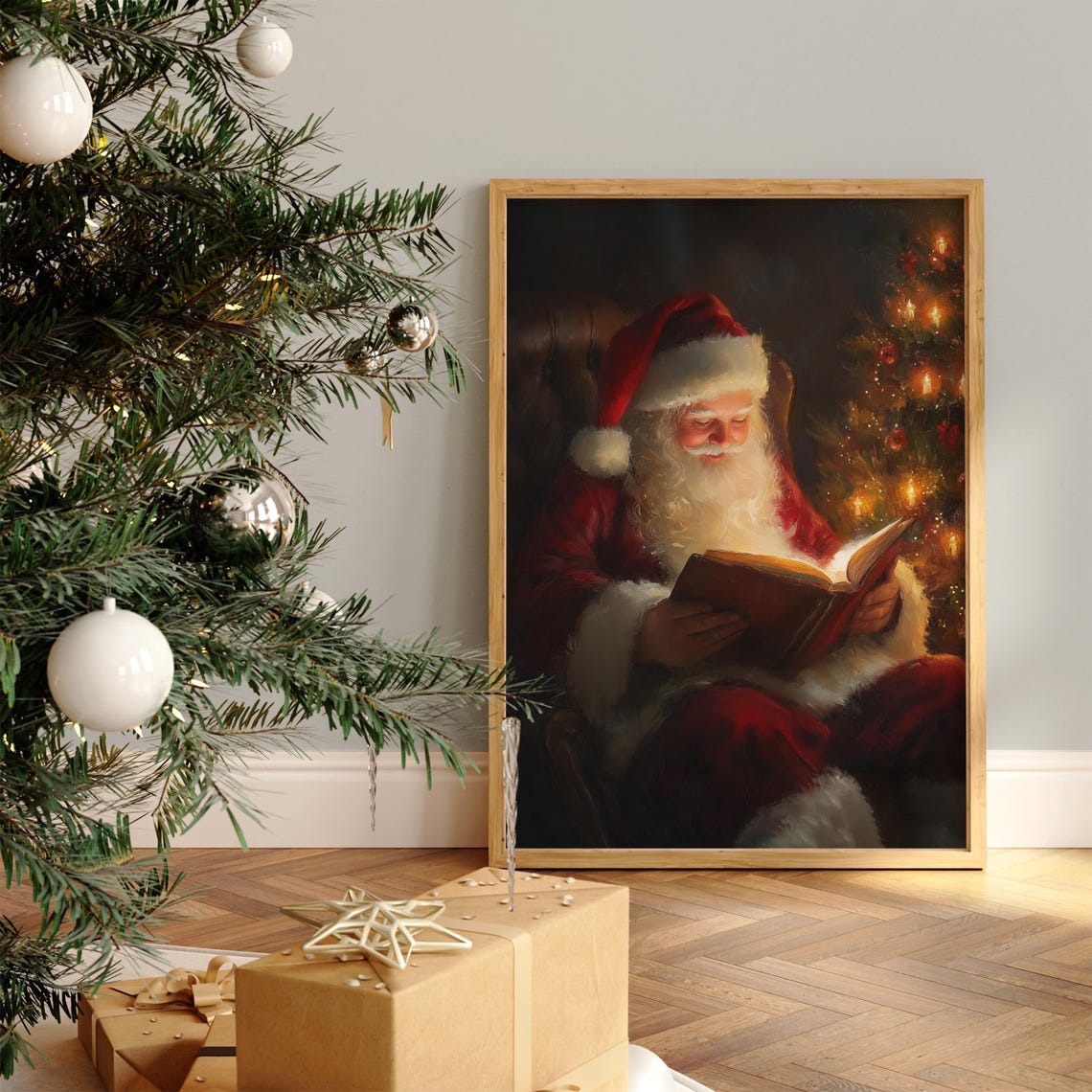 Santa Claus Reading A Glowing Book By The Christmas Tree Poster - Image 2