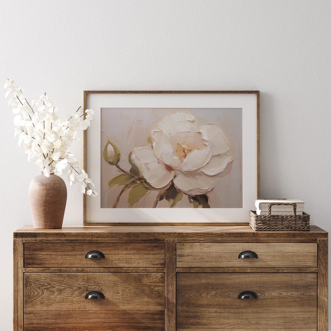 White Peony Bloom and Bud in Soft Impasto Oil Painting Poster - Image 3