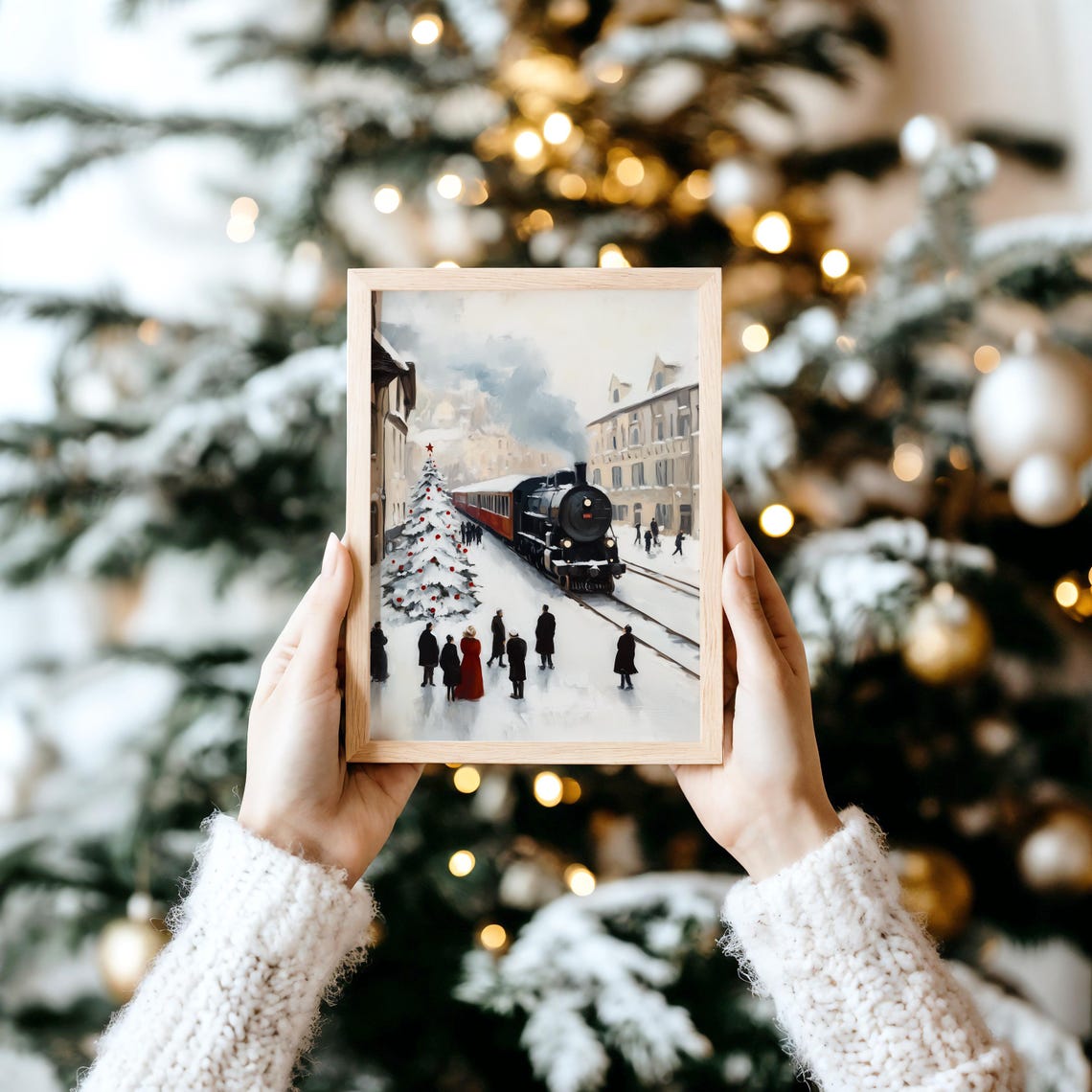 Steam Train at Snowy Station with Christmas Tree Crowd Poster - Image 2
