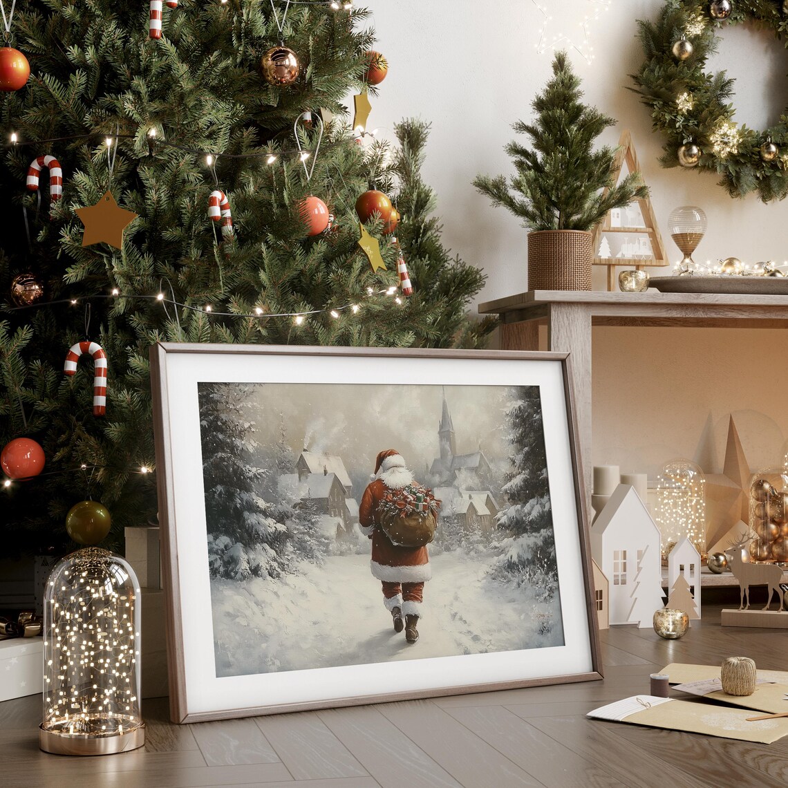 Santa Claus Gift Sack Walking Away to a Snowy Village Poster - Image 4