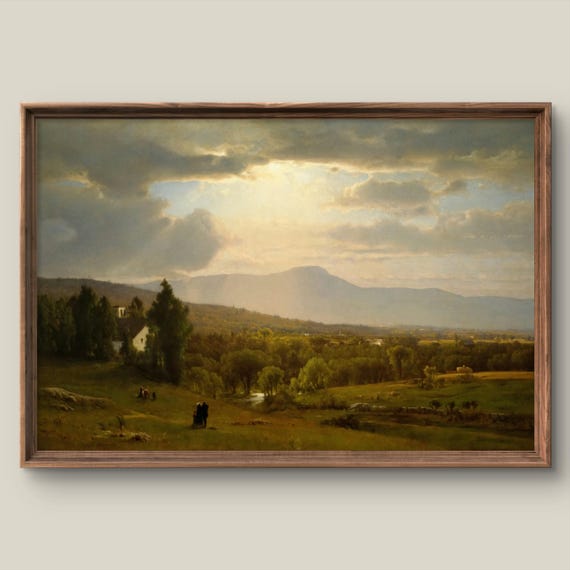 Vintage Summer Landscape Art Print Rustic Wall Decor Green Forest Painting Mountains Instant