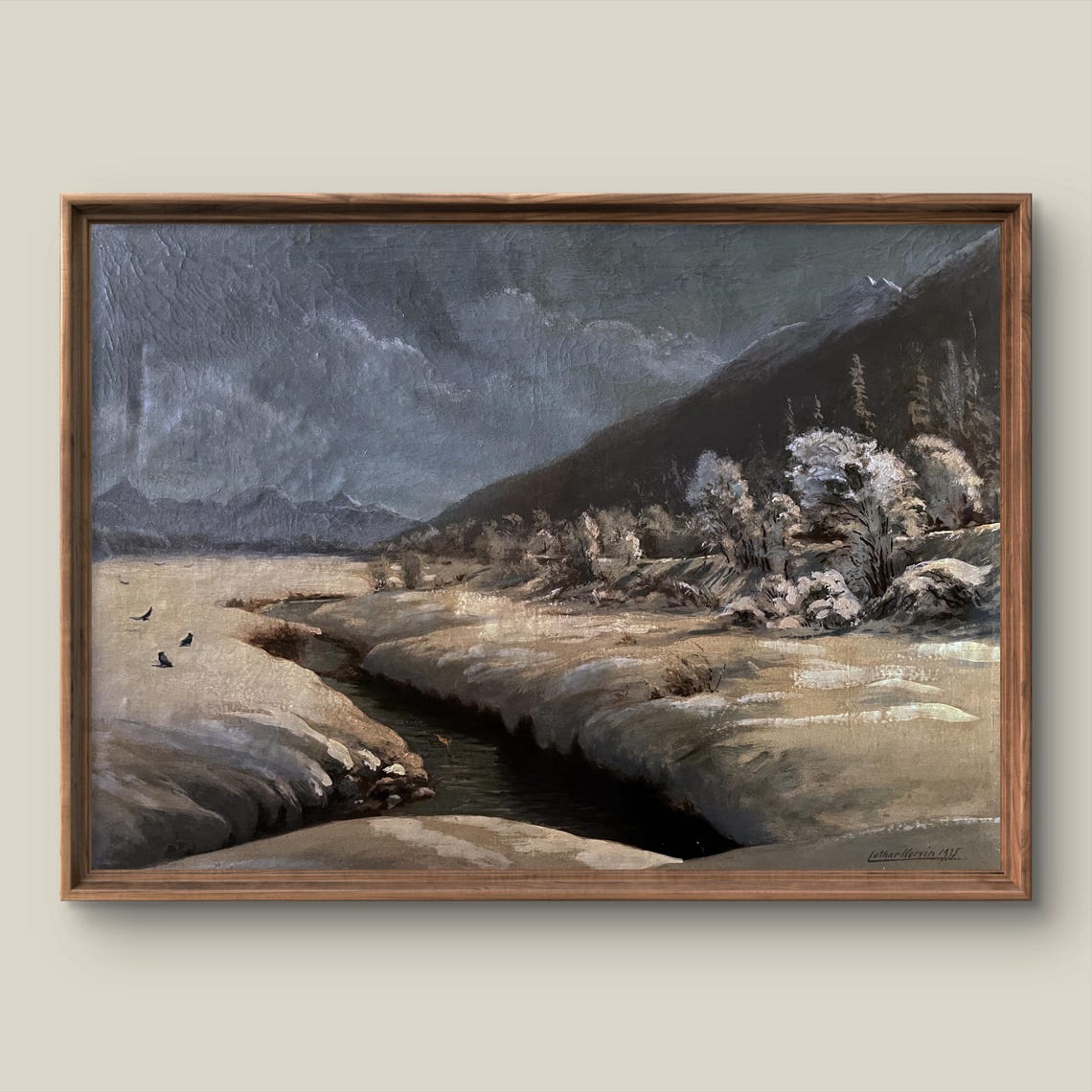 Vintage Winter Landscape Art Print Rustic Wall Decor Antique Painting Mountain Instant