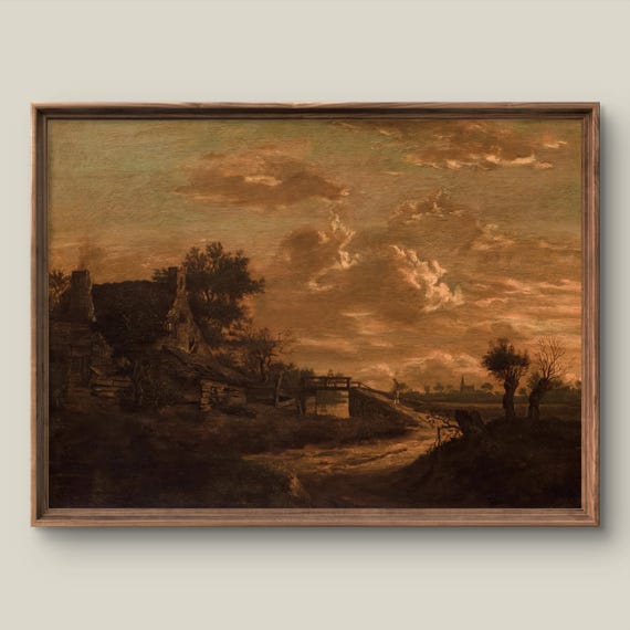 Vintage Rustic Landscape Art Print Farmhouse Wall Decor Antique Painting Sunset Instant