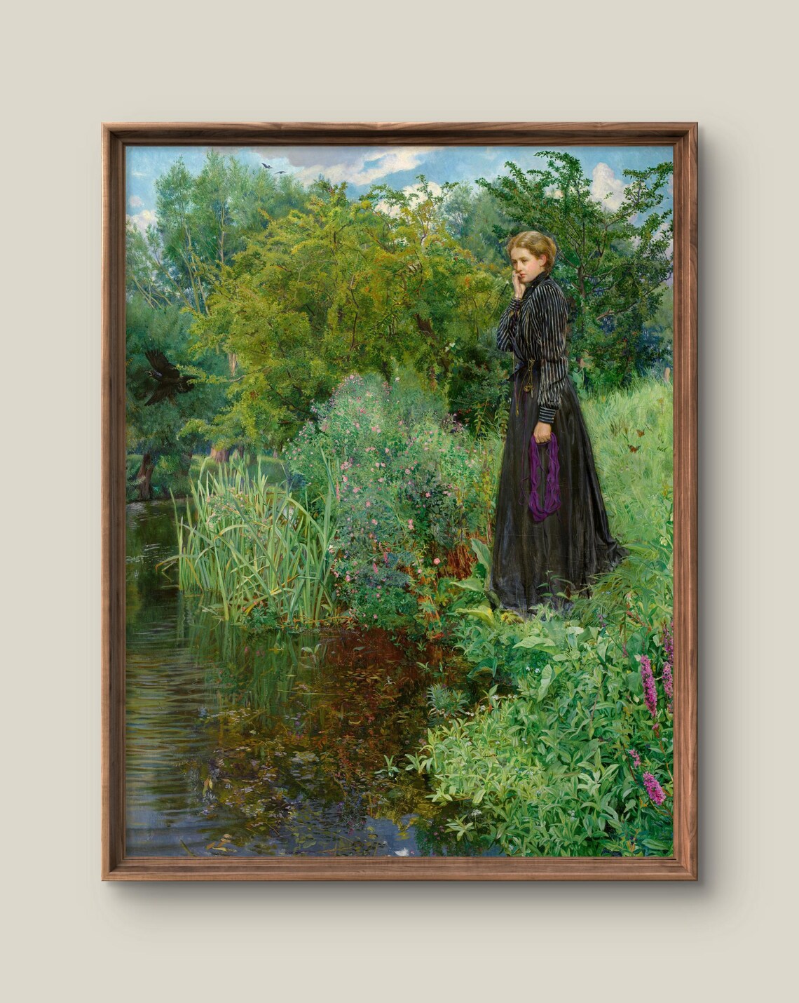 Victorian Woman by a Stream Garden Antique Summer Painting Art Poster