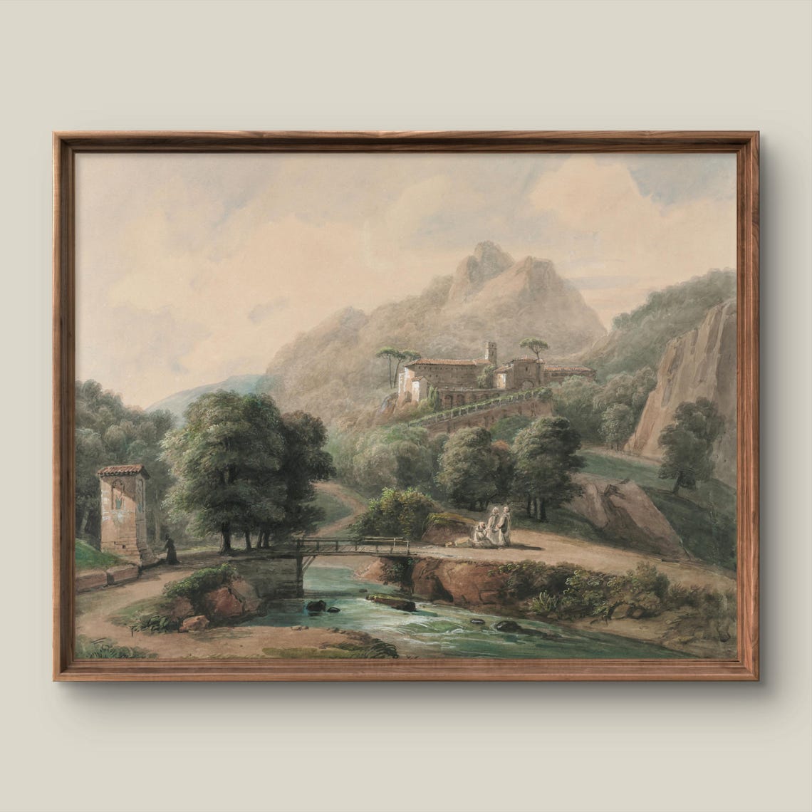 Hilltop Monastery River Bridge Romantic Vintage Landscape Poster