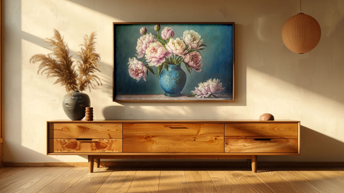 Pink Peonies In Blue Ceramic Vase Moody Floral Still Life Art Poster - Image 2