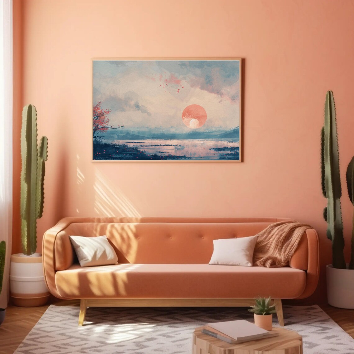Abstract Coral Sunset Misty Blue Lake Soft Pink Sky Art Poster - Image 2