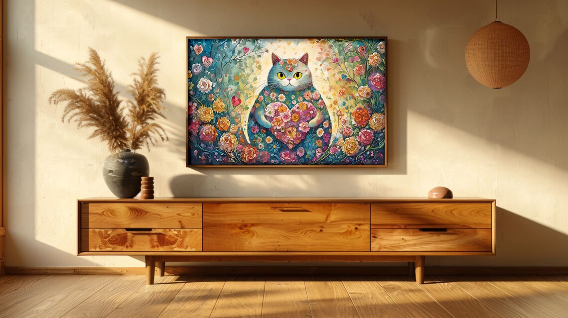 Whimsical Floral Cat Holding Flower Heart Colorful Garden Wall Art Print - Image 2